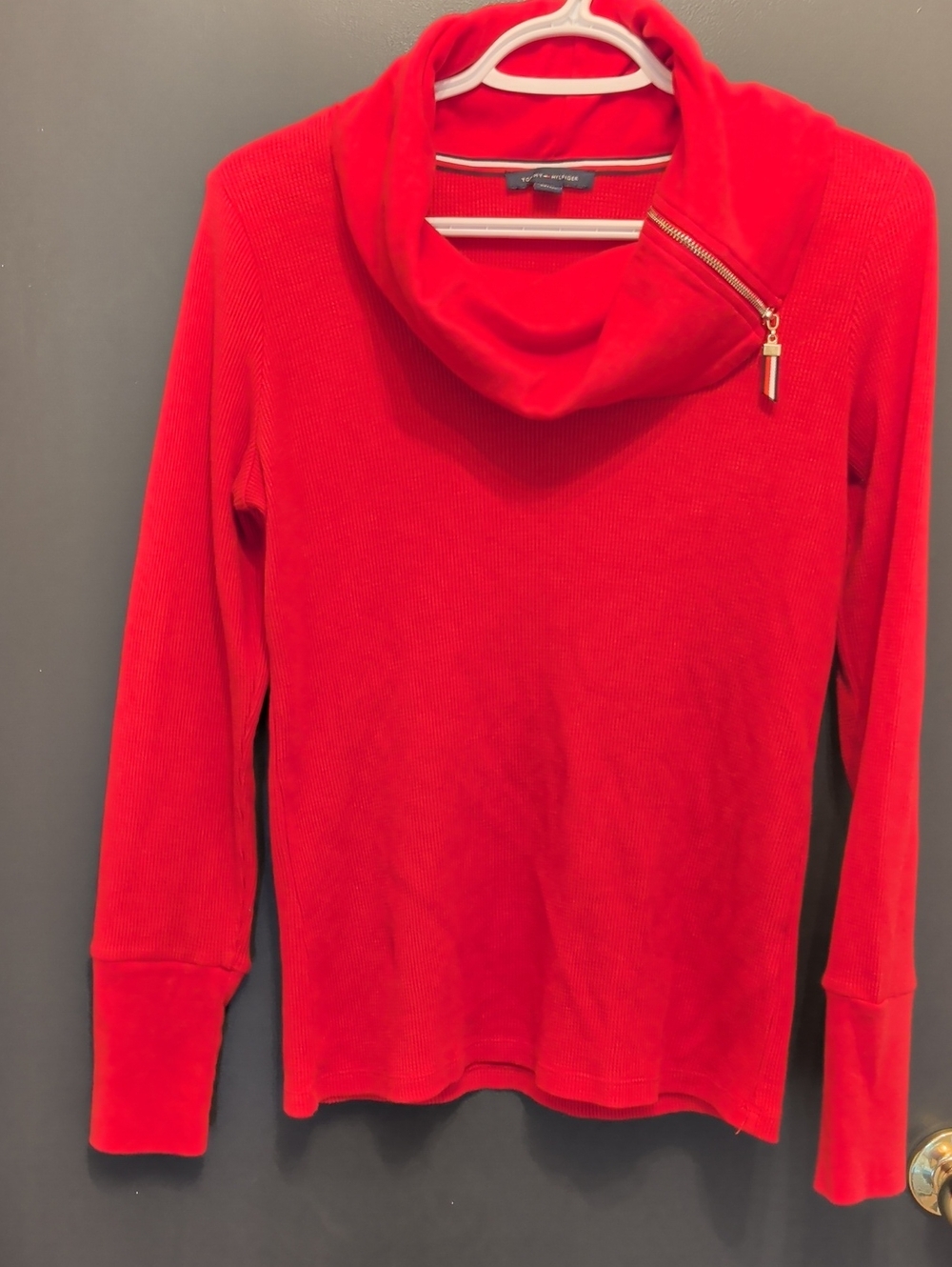 Tommy Hilfiger Red Cowl Neck Sweater with Diagonal Zip